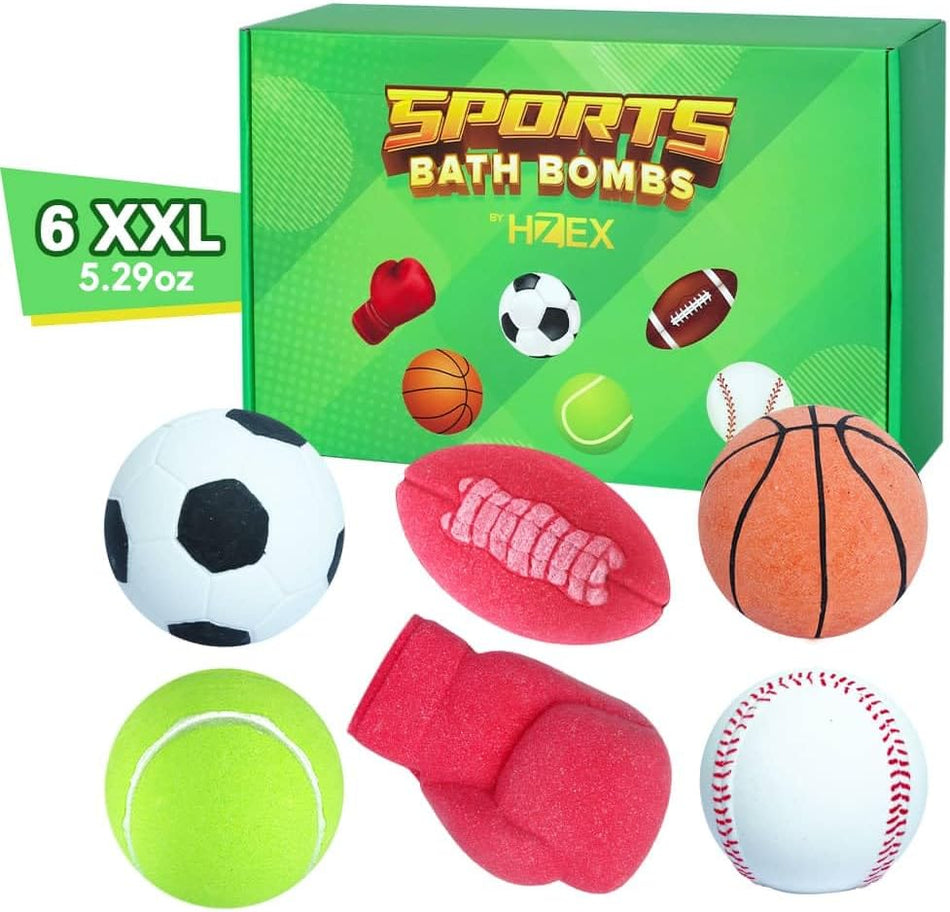 HZEX XX Large Organic Sports Bath Bombs, Luxury Bathbombs w/ 6 Different Themes And Scents For Men Boys Women, Natural Bathbomb Paraben Free 5.3 Ounces
