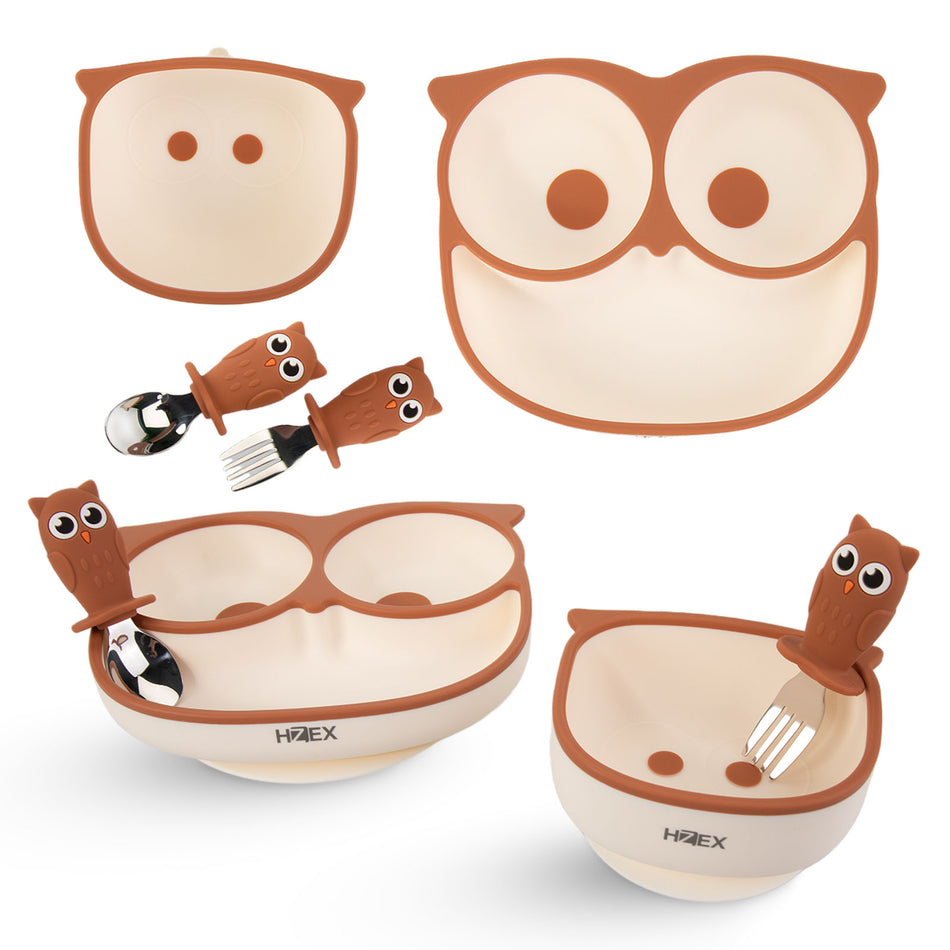 Owls Led Weaning Supplies, Toddler Silicone Feeding Set, Silicone Suction Bowls for Self Feeding, 2 Bowls, Spoon and Fork, Baby Feed Flatware and Dishwasher Safe (Brown)