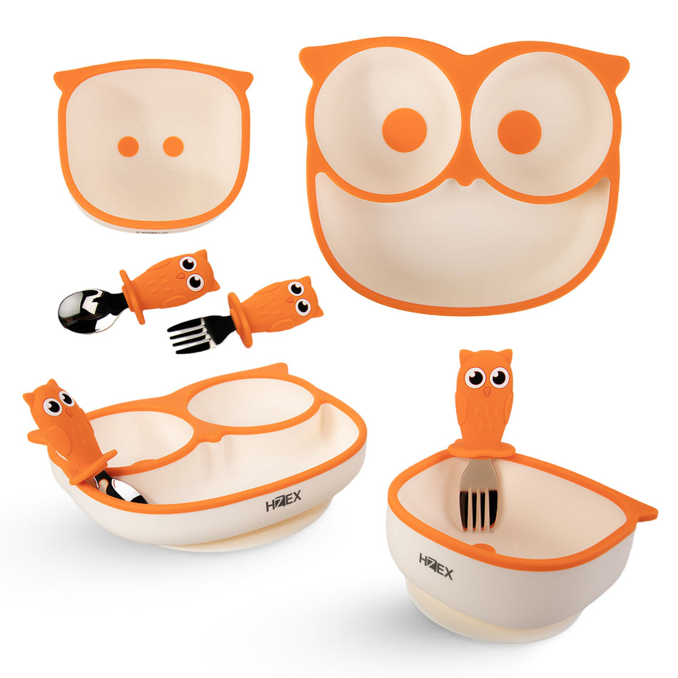 Owls Led Weaning Supplies, Toddler Silicone Feeding Set, Silicone Suction Bowls for Self Feeding, 2 Bowls, Spoon and Fork, Baby Feed Flatware and Dishwasher Safe (Orange)